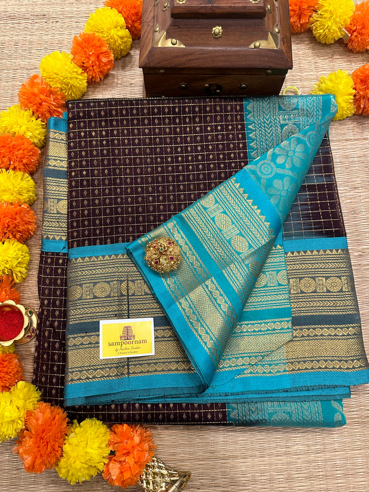 Brown with Blue Lakshadeepam Zari Butta Silk Cotton Saree