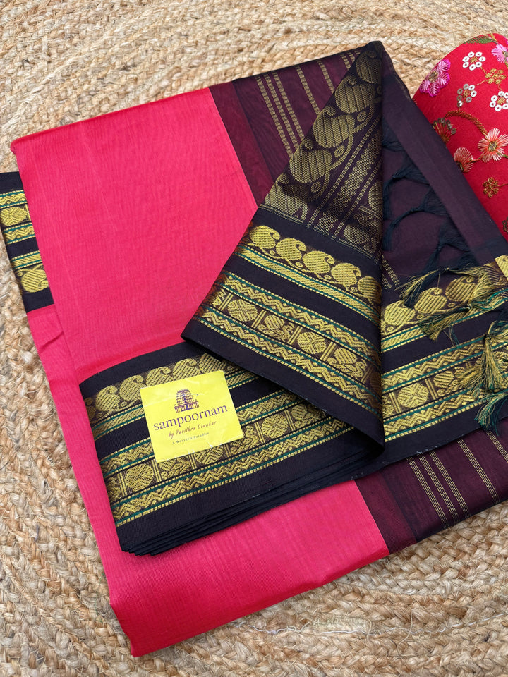 Fuschia Pink with Dark Arakku  , Rettapet  borders and Rich Pallu Korvai Silk Cotton Saree