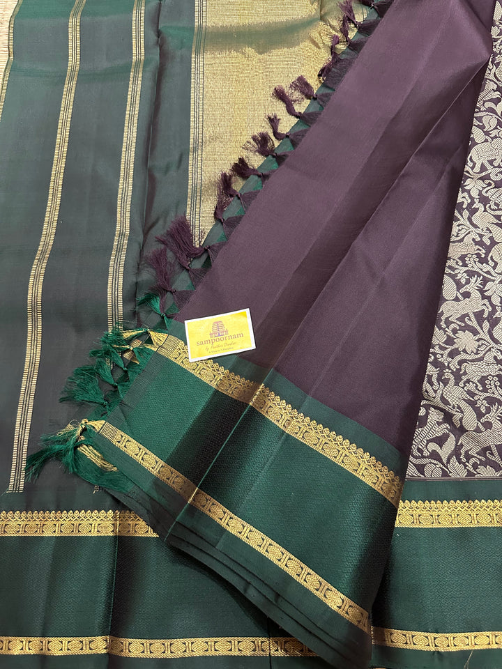 A Black Beauty, Vanasingaram Thread Motif All over the Body , Ganga Jamuna Border Red And Green , Rich Pallu Pure Kanjivaram Silk Saree