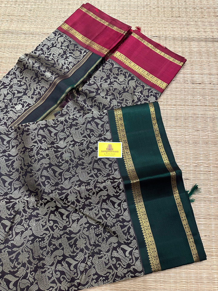 A Black Beauty, Vanasingaram Thread Motif All over the Body , Ganga Jamuna Border Red And Green , Rich Pallu Pure Kanjivaram Silk Saree