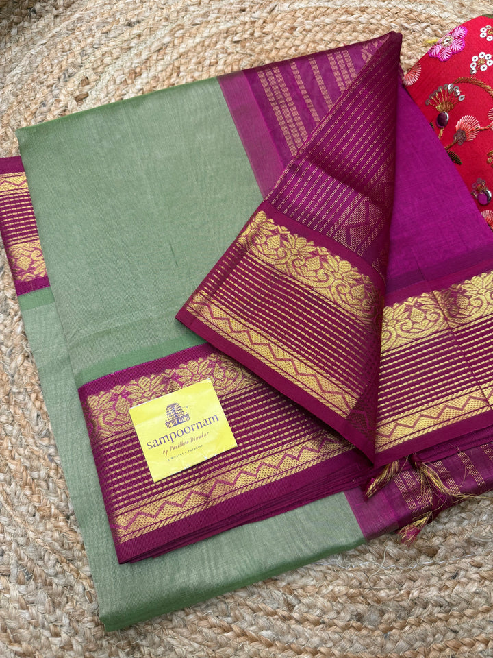 Elaichi Green with Magenta  , Traditional borders and Rich Pallu Korvai Silk Cotton Saree