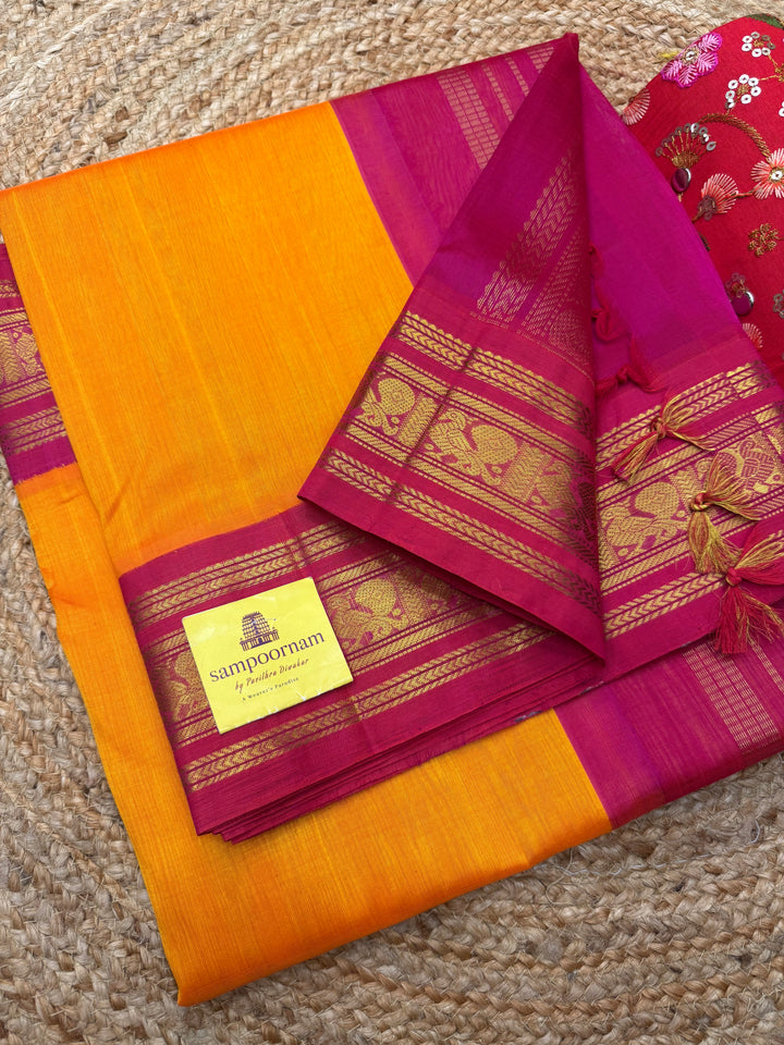Mambazha Manjal with Hot Pink  , Traditional borders and Rich Pallu Korvai Silk Cotton Saree