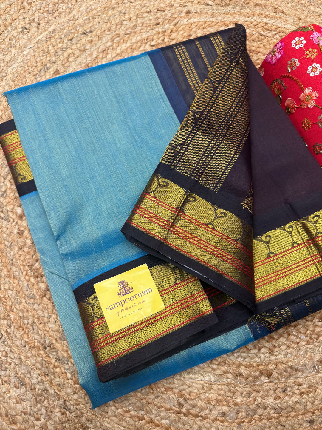 Iceblue with Brown  , Traditional borders and Rich Pallu Korvai Silk Cotton Saree