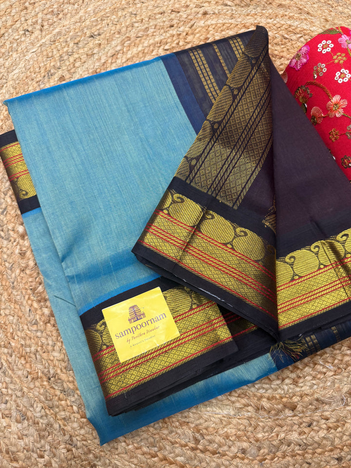 Iceblue with Brown  , Traditional borders and Rich Pallu Korvai Silk Cotton Saree