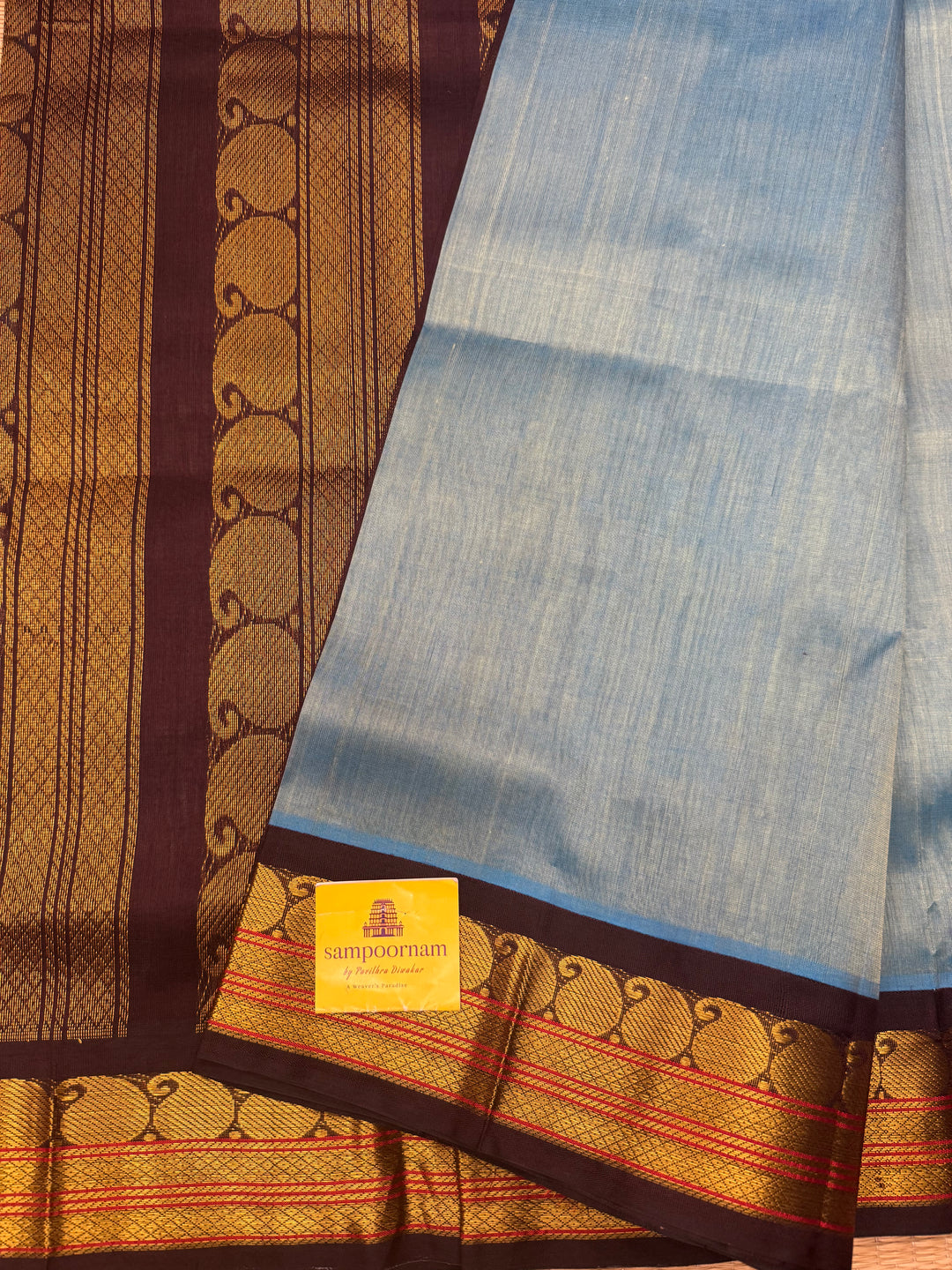 Iceblue with Brown  , Traditional borders and Rich Pallu Korvai Silk Cotton Saree