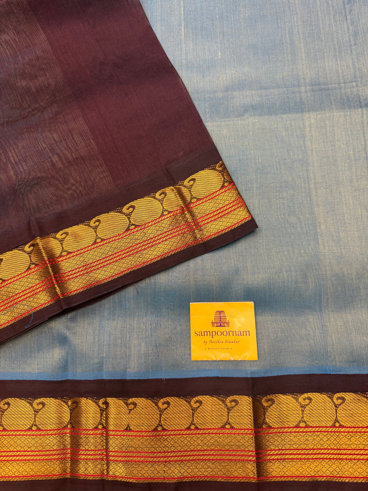 Iceblue with Brown  , Traditional borders and Rich Pallu Korvai Silk Cotton Saree