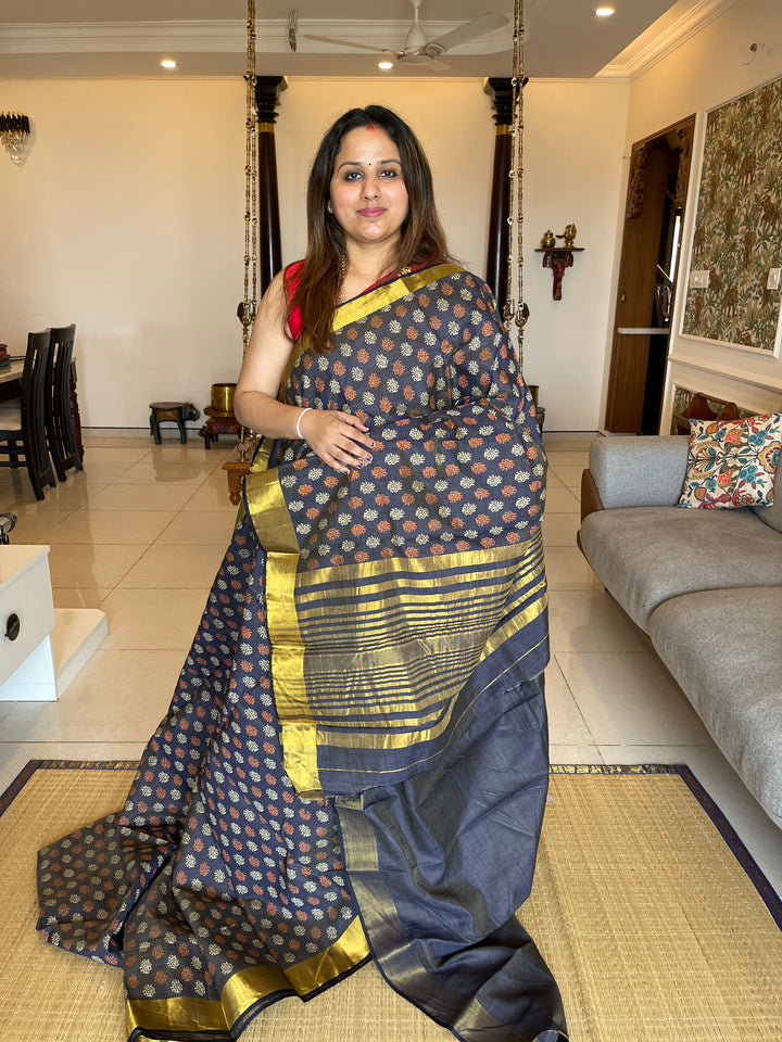 Grey Printed Semi Tussar Saree