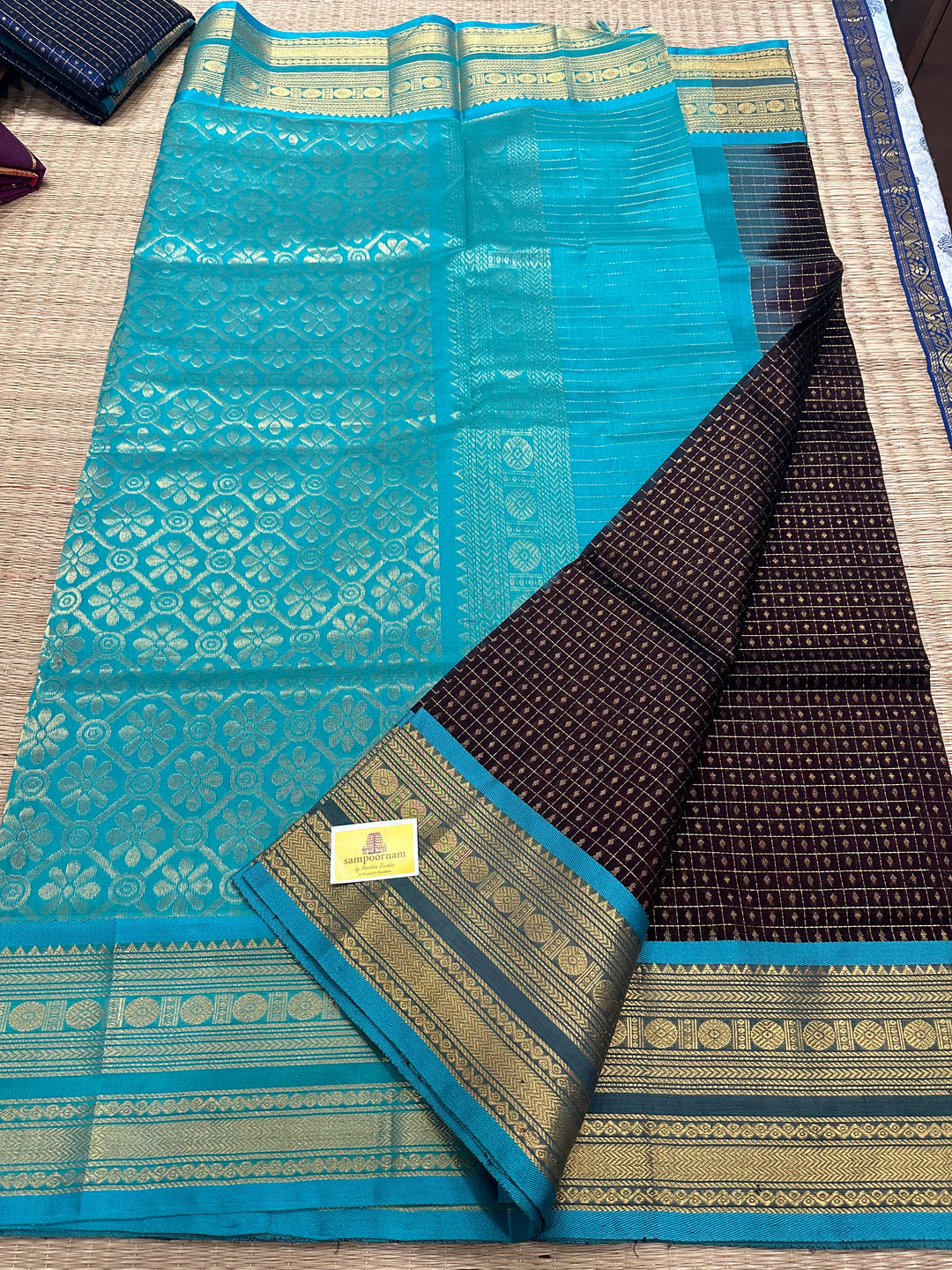 Brown with Blue Lakshadeepam Zari Butta Silk Cotton Saree