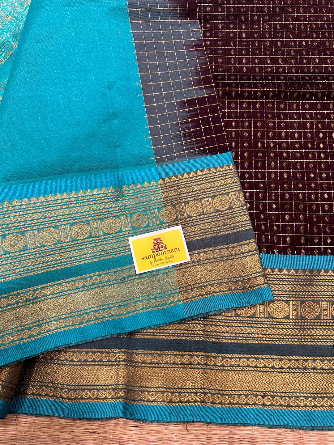 Brown with Blue Lakshadeepam Zari Butta Silk Cotton Saree