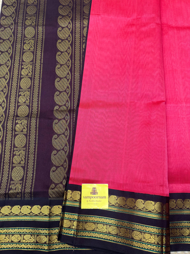 Fuschia Pink with Dark Arakku  , Rettapet  borders and Rich Pallu Korvai Silk Cotton Saree