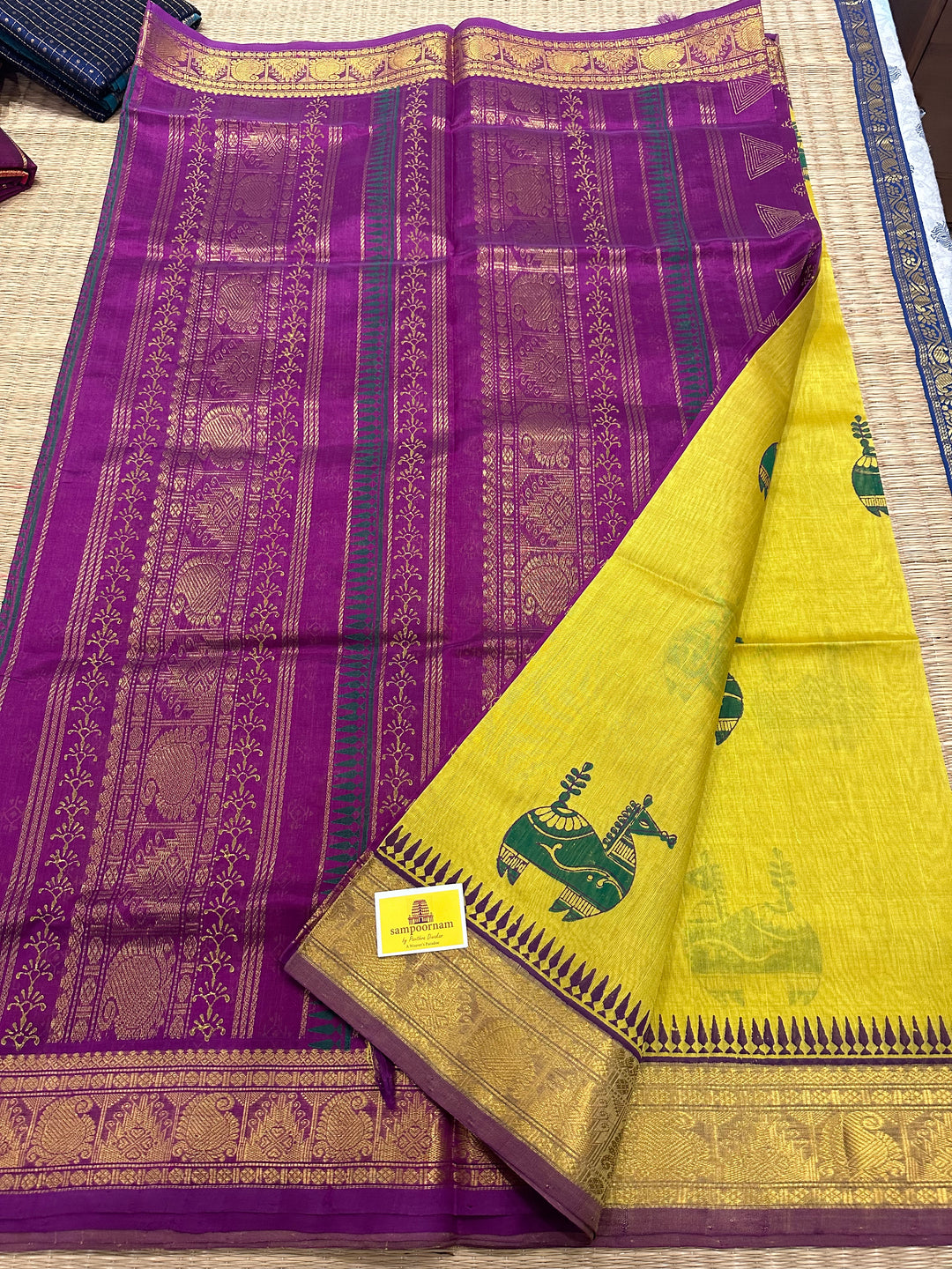 Lemon Yellow with Purple Terracota Horse Handblock Printed Silk Cotton Saree