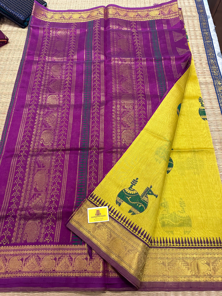 Lemon Yellow with Purple Terracota Horse Handblock Printed Silk Cotton Saree