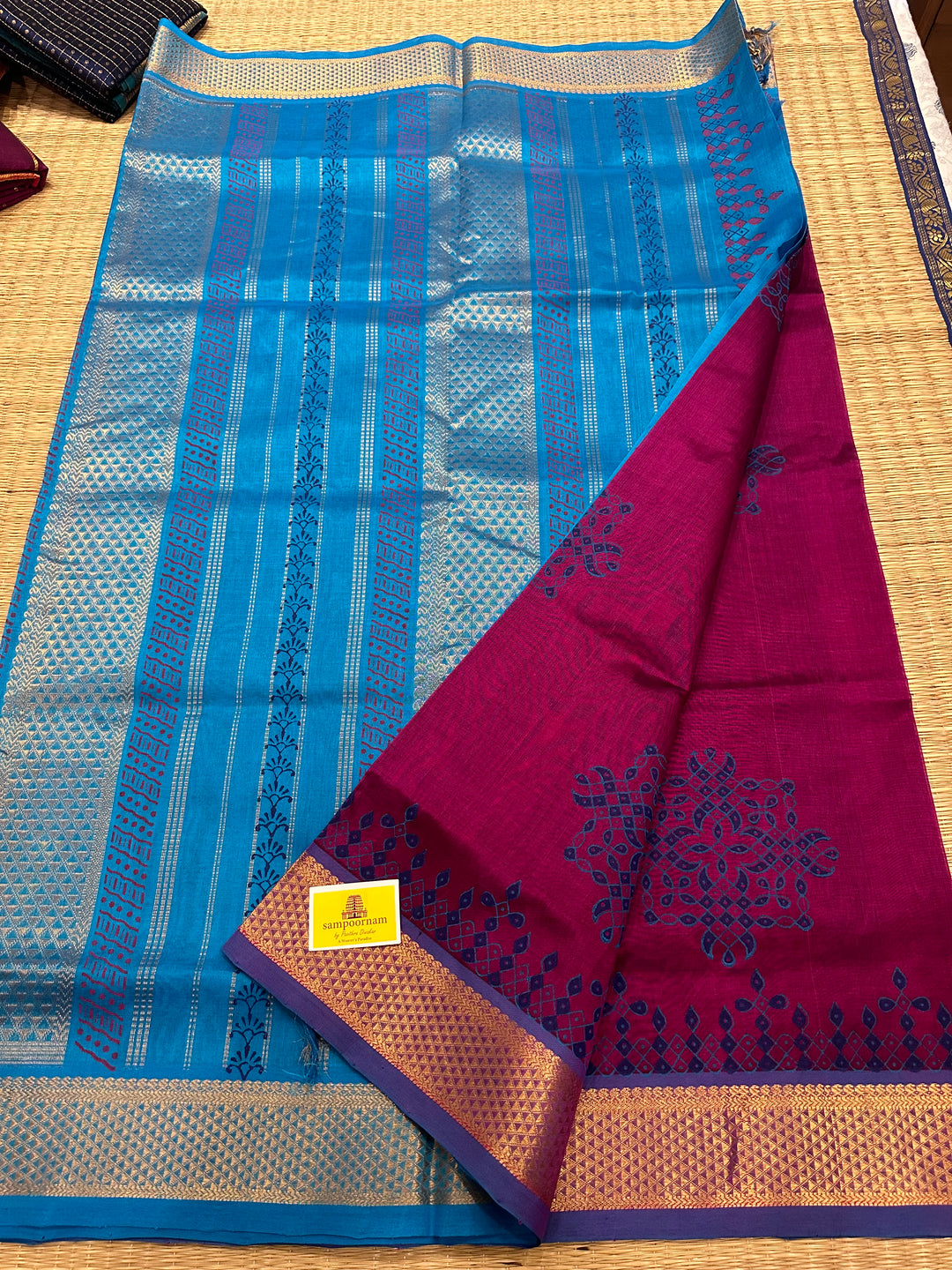 Magenta with Blue Kolam Handblock Printed Silk Cotton Saree