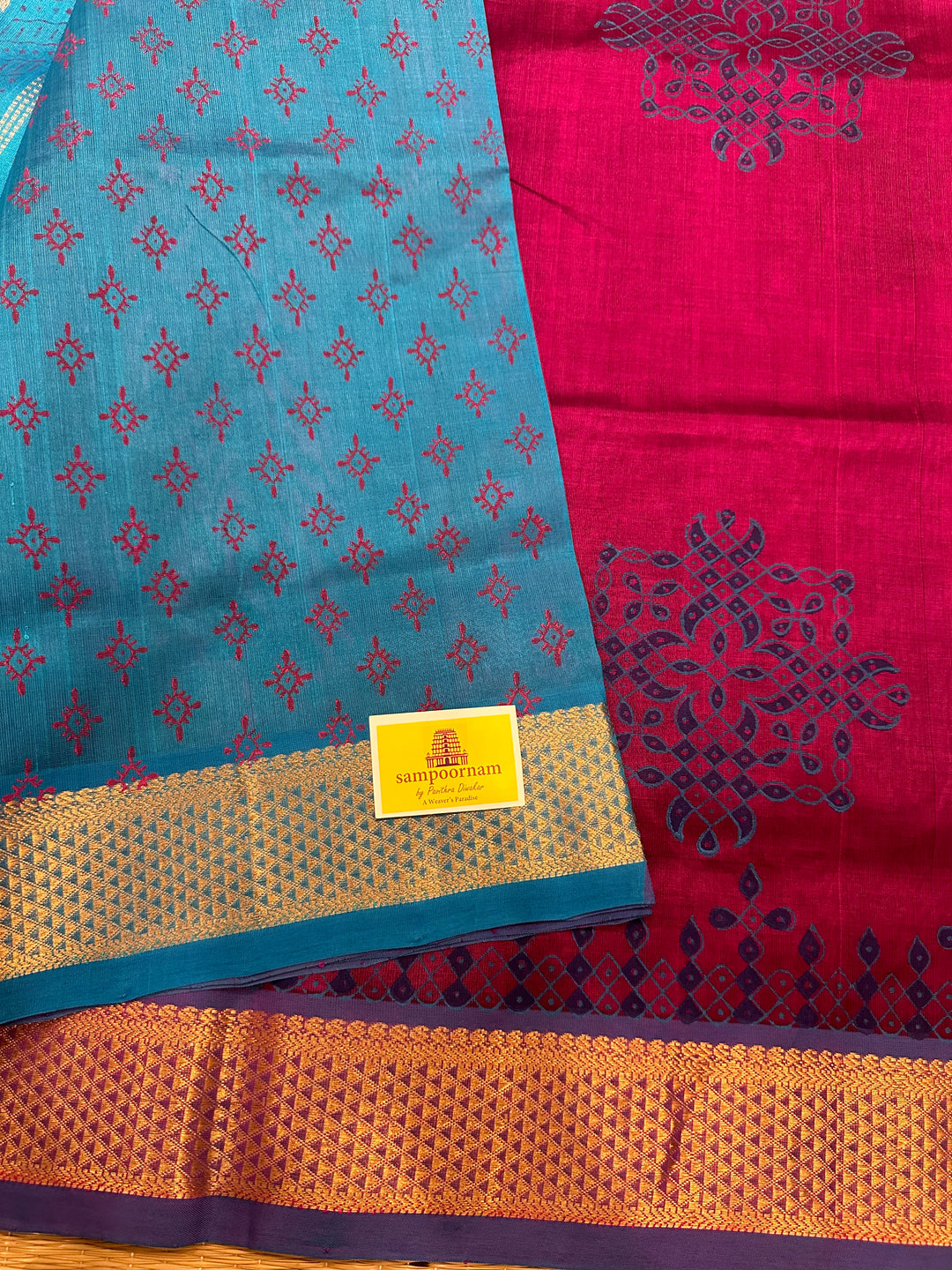 Magenta with Blue Kolam Handblock Printed Silk Cotton Saree