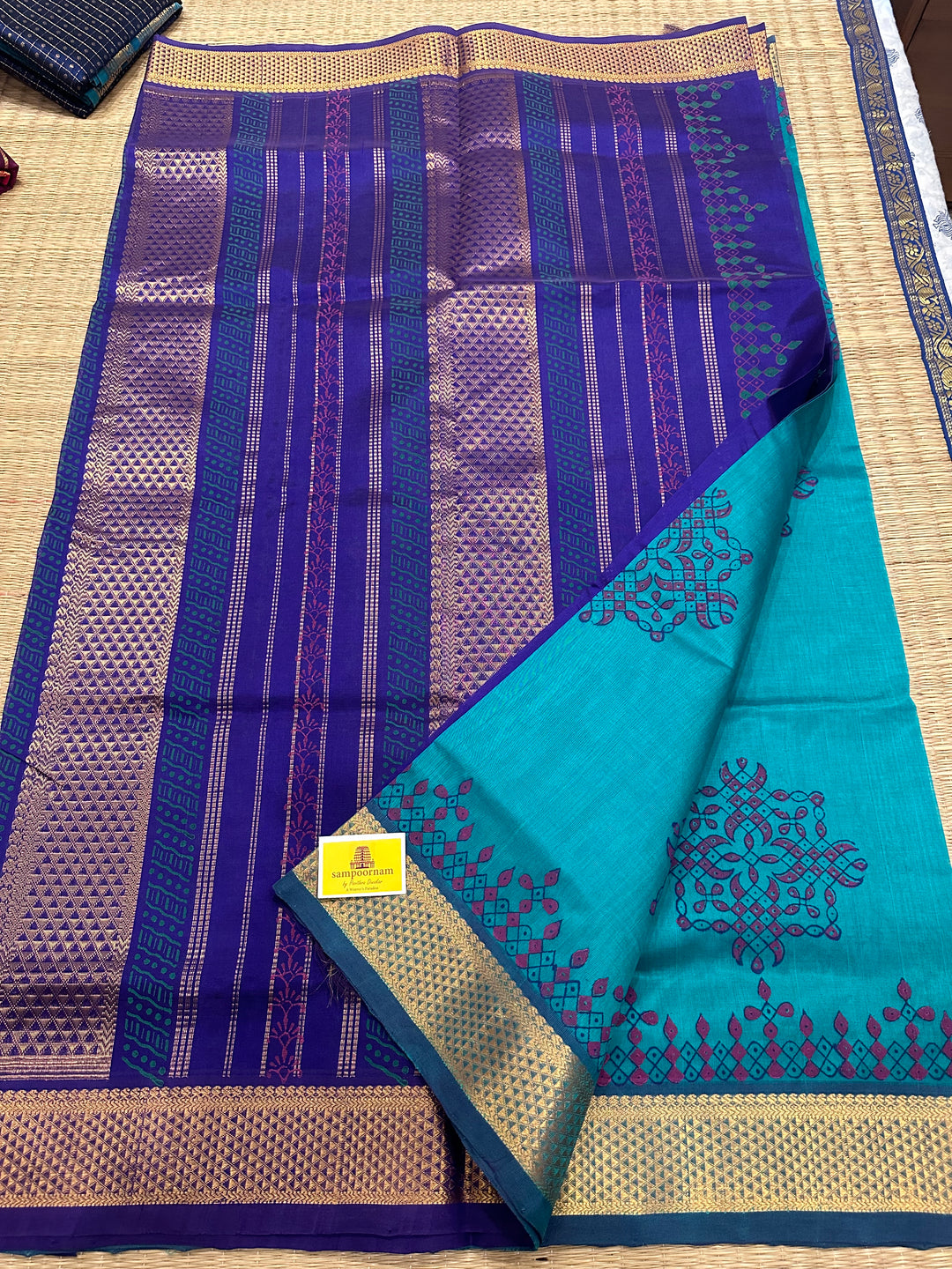 Blue with Blue Kolam Handblock Printed Silk Cotton Saree