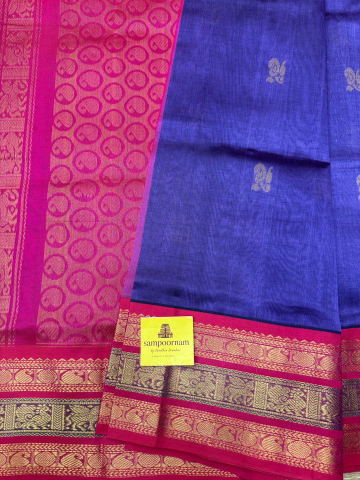 Lavender with Pink , rich Mango Zari Butta in the body , traditional Kanchi borders and rich Pallu Korvai Silk Cotton Saree