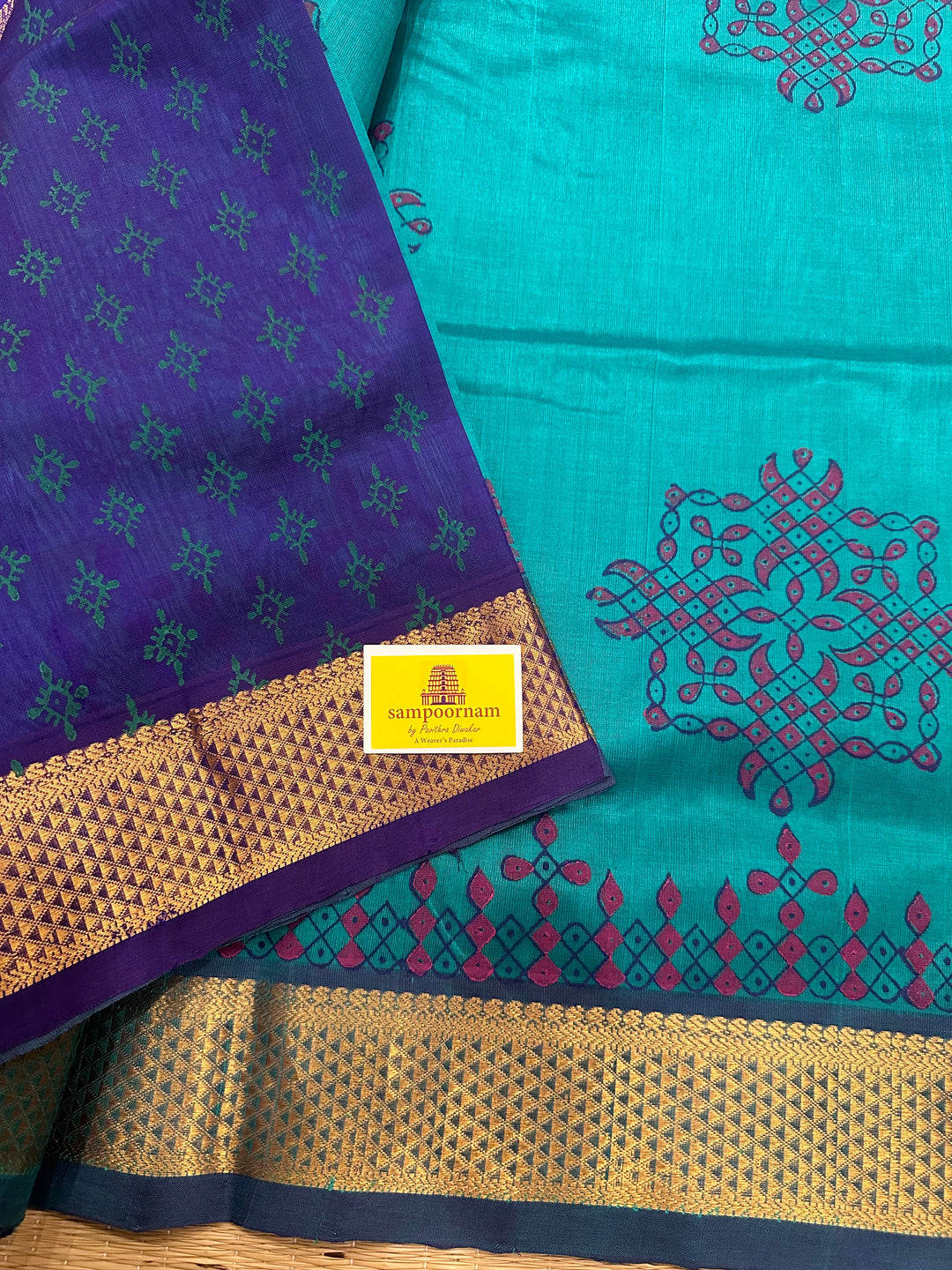 Blue with Blue Kolam Handblock Printed Silk Cotton Saree