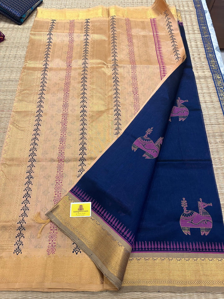 Dark Blue with Beige Terracota Horse Handblock Printed Silk Cotton Saree