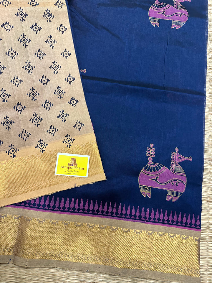 Dark Blue with Beige Terracota Horse Handblock Printed Silk Cotton Saree