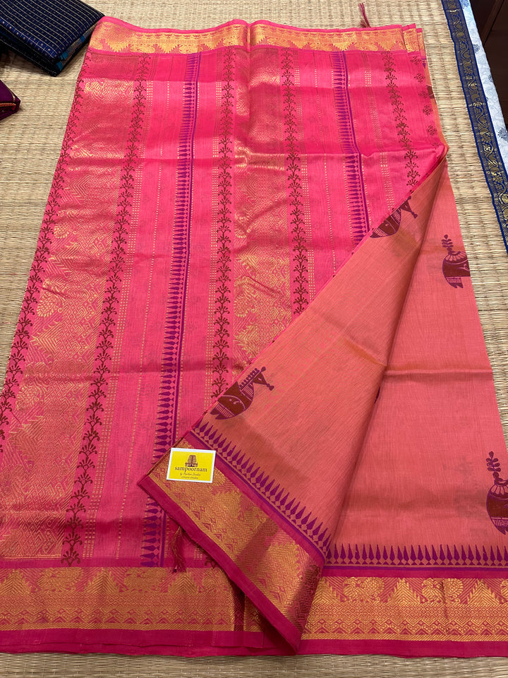 Peach Pink with Pink Terracota Horse Handblock Printed Silk Cotton Saree