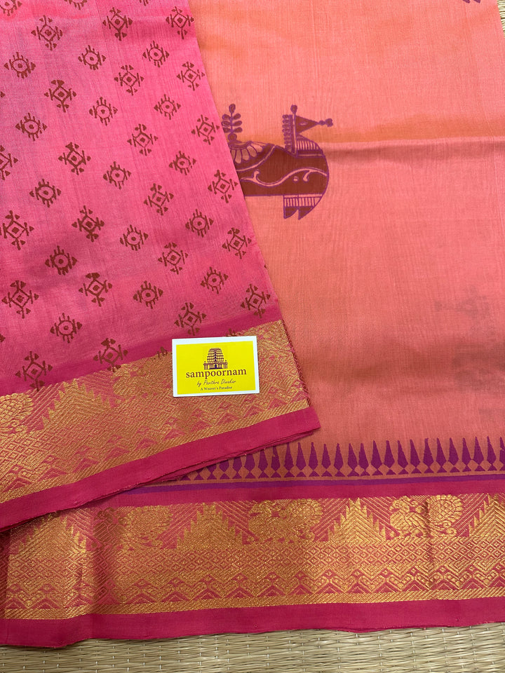 Peach Pink with Pink Terracota Horse Handblock Printed Silk Cotton Saree