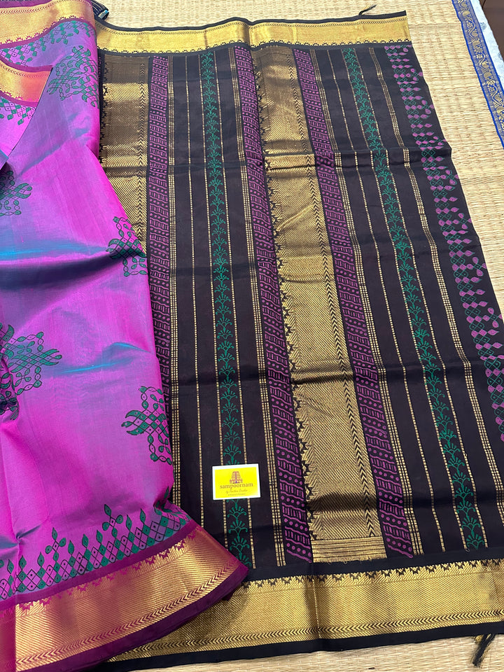 Purple with Black Kolam Handblock Printed Silk Cotton Saree