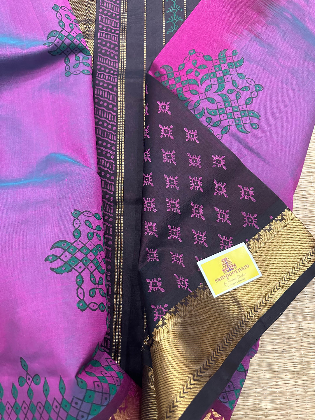 Purple with Black Kolam Handblock Printed Silk Cotton Saree