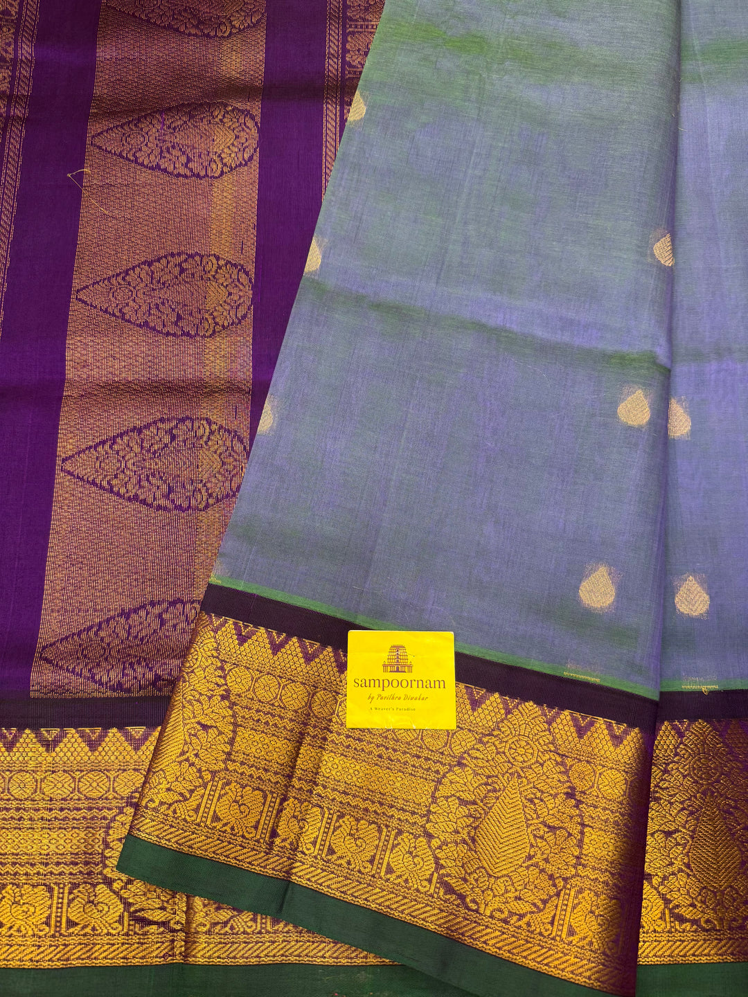 Mayilkazhuthu Blue with Violet  , rich Thilagam Zari butta  with OneSide Big Borders and rich Pallu Korvai Silk Cotton Saree