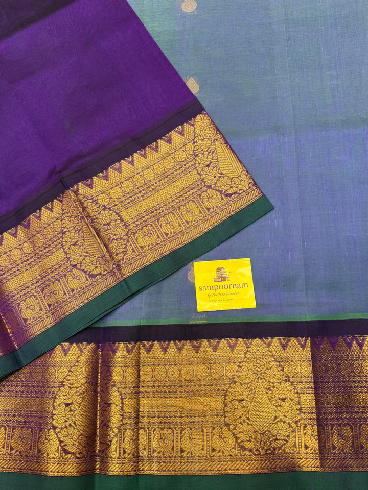 Mayilkazhuthu Blue with Violet  , rich Thilagam Zari butta  with OneSide Big Borders and rich Pallu Korvai Silk Cotton Saree