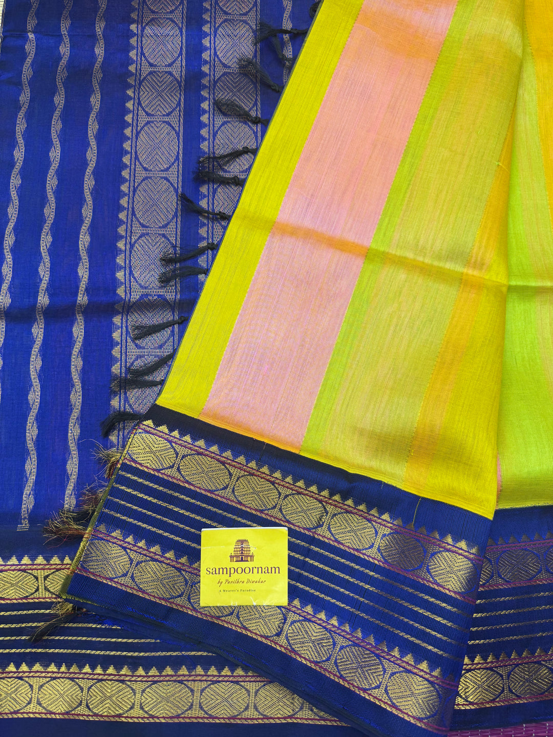 A Fusion of Pastel Shades of  Pista Green  with Blue , Traditional borders and Rich Pallu Korvai Silk Cotton Saree