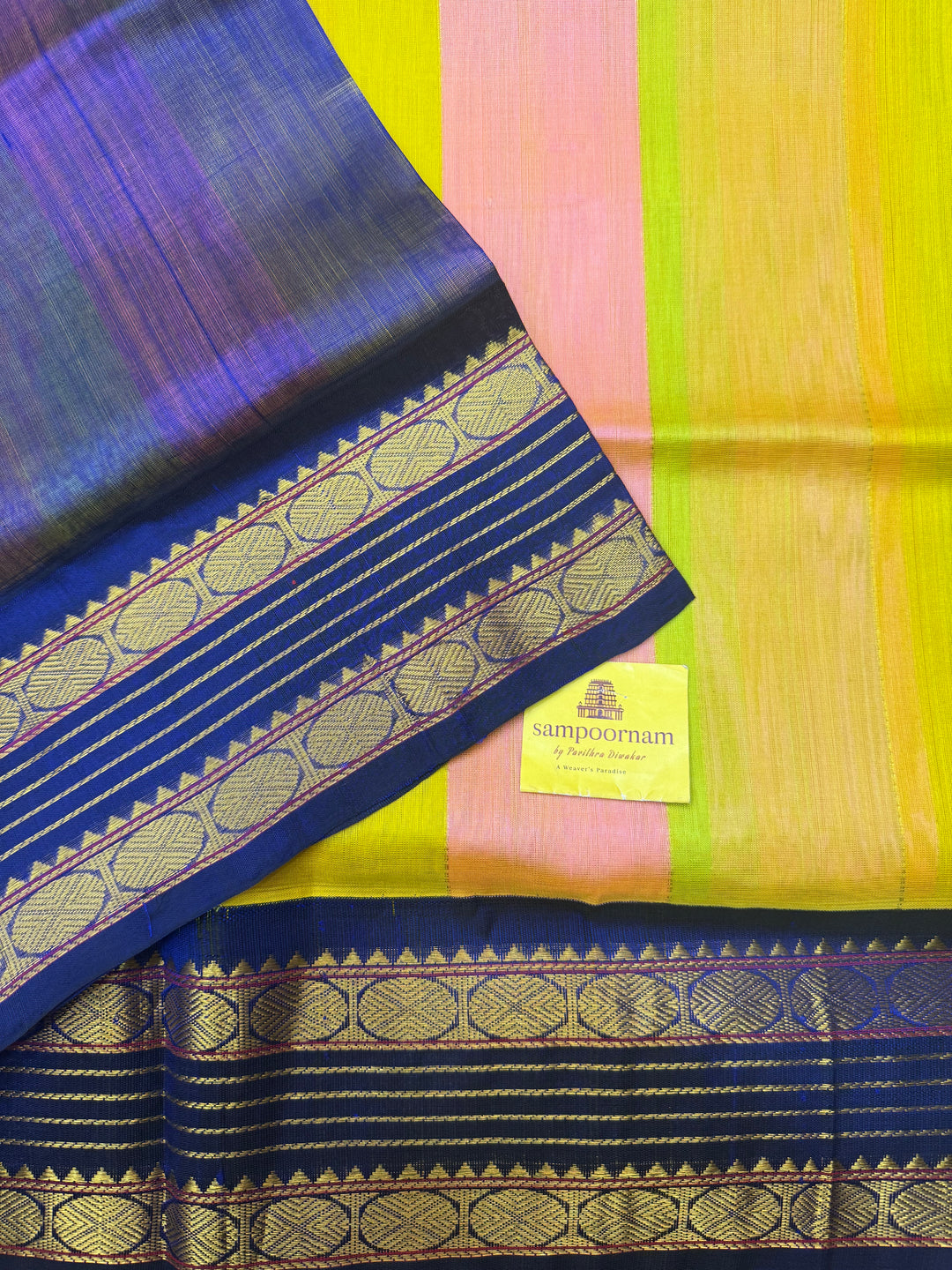 A Fusion of Pastel Shades of  Pista Green  with Blue , Traditional borders and Rich Pallu Korvai Silk Cotton Saree