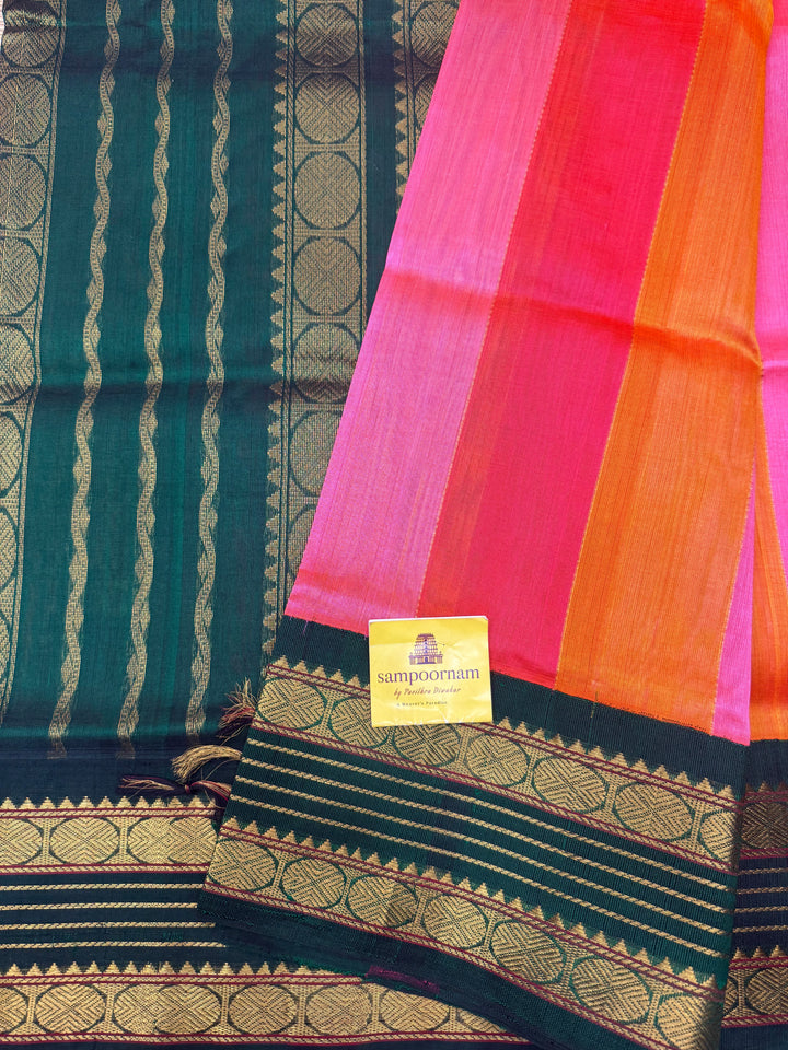 A Fusion of Pastel Shades of  Pink with Green , Traditional borders and Rich Pallu Korvai Silk Cotton Saree