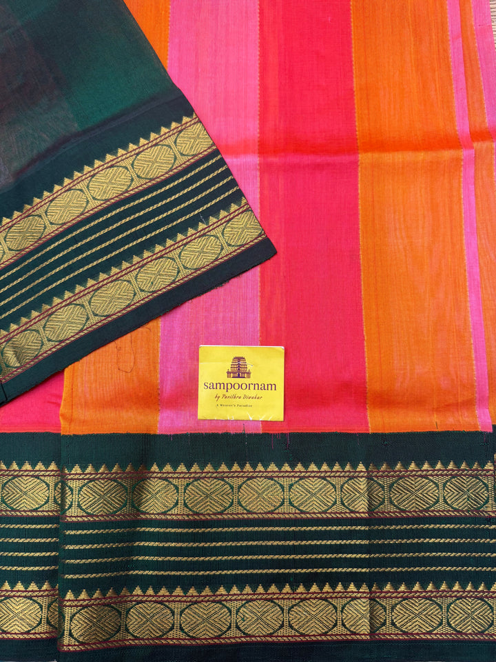 A Fusion of Pastel Shades of  Pink with Green , Traditional borders and Rich Pallu Korvai Silk Cotton Saree