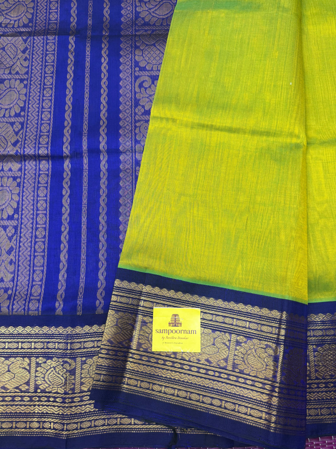 Sneha Green with Dark Blue , Traditional Big Kanchi Borders and rich Pallu Korvai Silk Cotton Saree