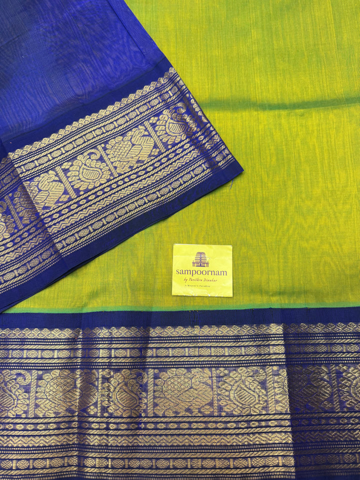 Sneha Green with Dark Blue , Traditional Big Kanchi Borders and rich Pallu Korvai Silk Cotton Saree