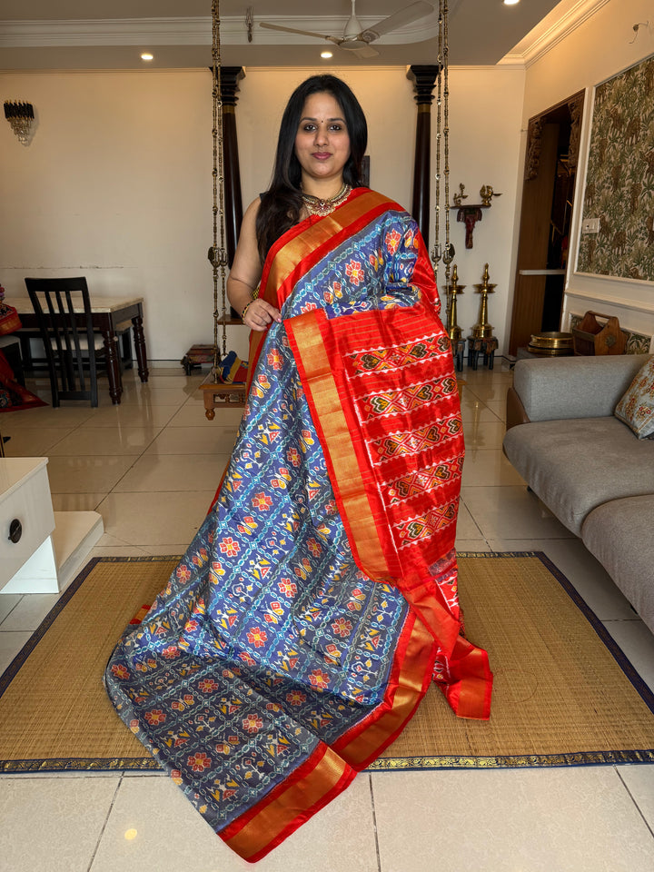 Blue with Orange , traditional borders and rich Pallu Pochampally Ikkat Silk Saree