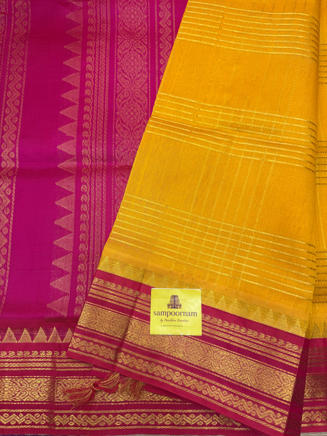 Mambazha Manjal with Pink , rich Zari Muthu Kattam  in the body , traditional borders and rich Pallu Korvai Silk Cotton Saree