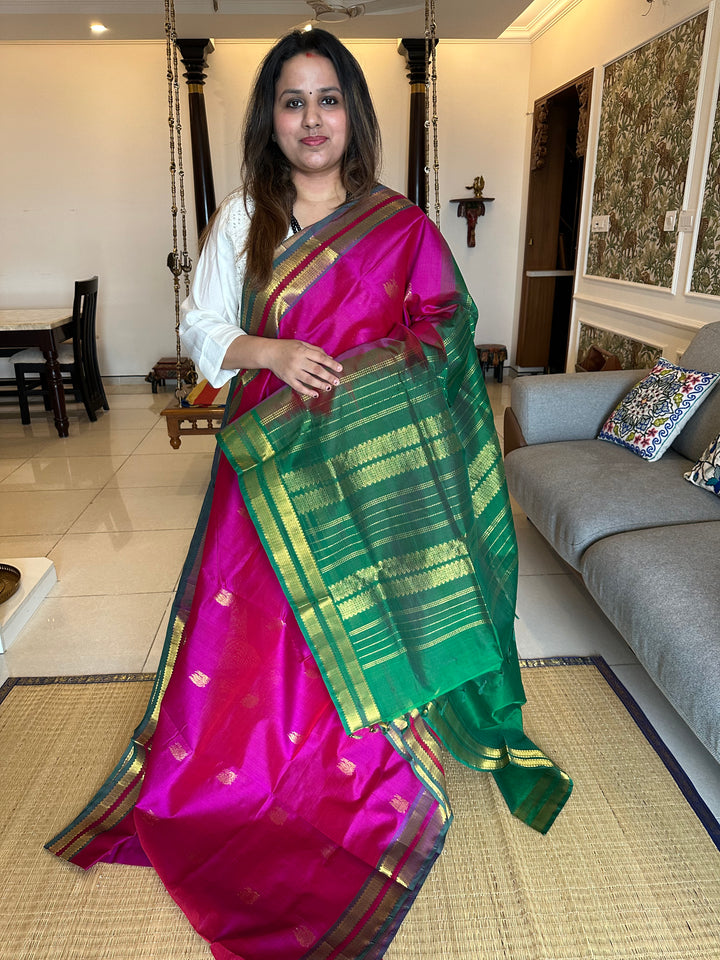 Magenta With Green Rettapet Zari Butta Silk Cotton Saree