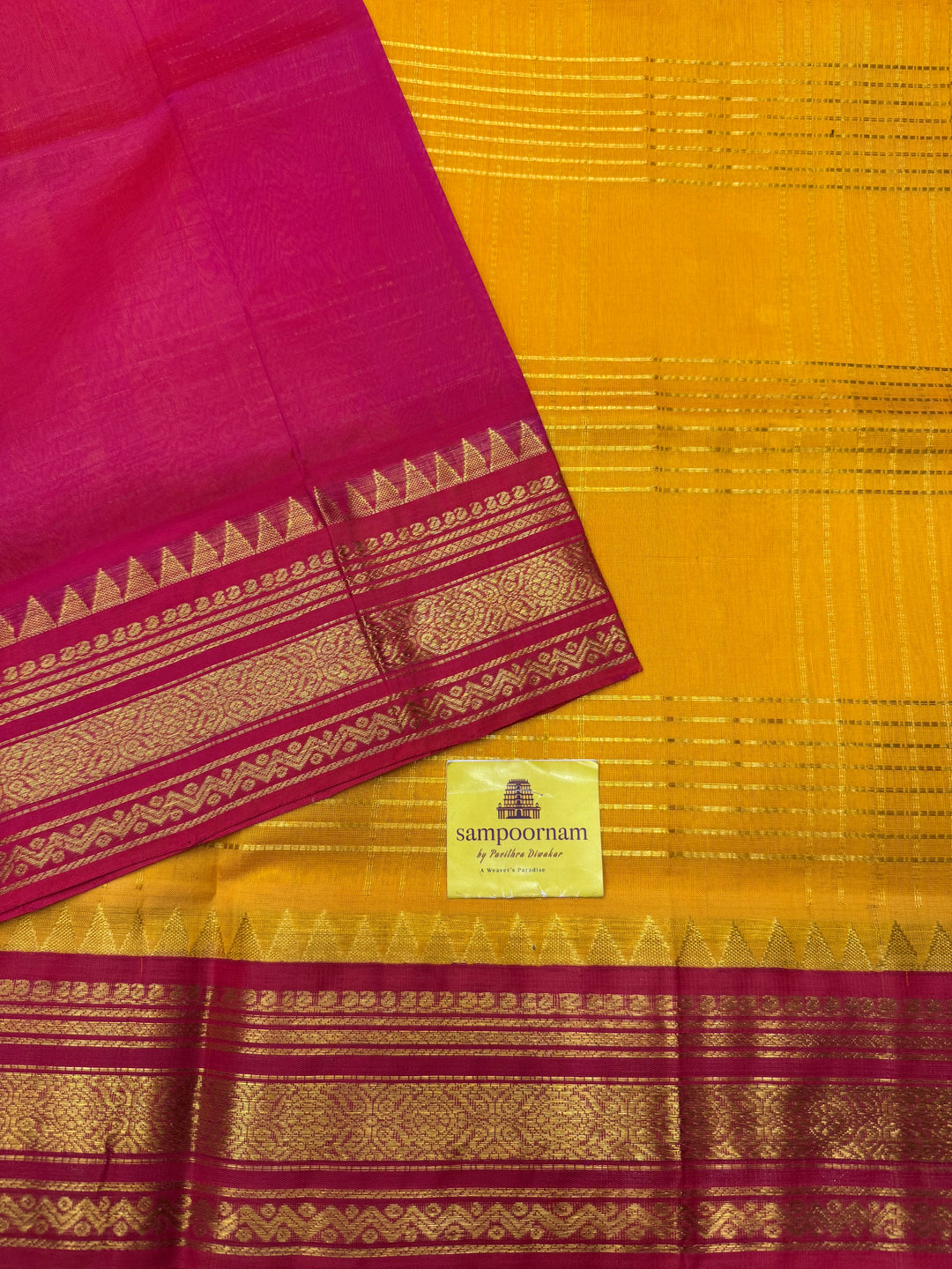 Mambazha Manjal with Pink , rich Zari Muthu Kattam  in the body , traditional borders and rich Pallu Korvai Silk Cotton Saree
