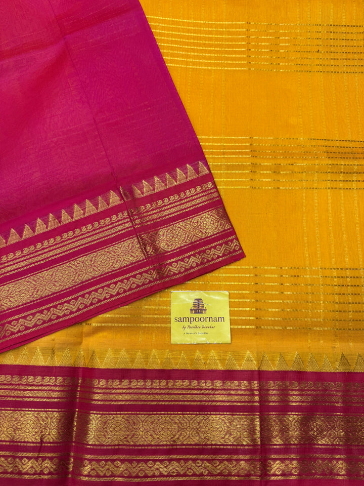 Mambazha Manjal with Pink , rich Zari Muthu Kattam  in the body , traditional borders and rich Pallu Korvai Silk Cotton Saree
