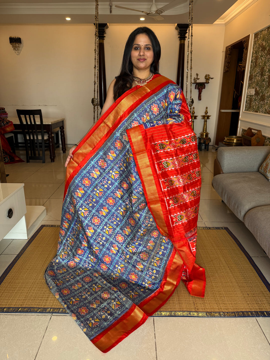 Blue with Orange , traditional borders and rich Pallu Pochampally Ikkat Silk Saree