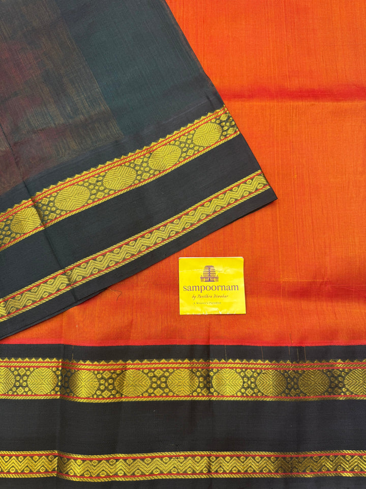 Rustic Orange with Dark Green  , Rettapet borders and Rich Pallu Korvai Silk Cotton Saree