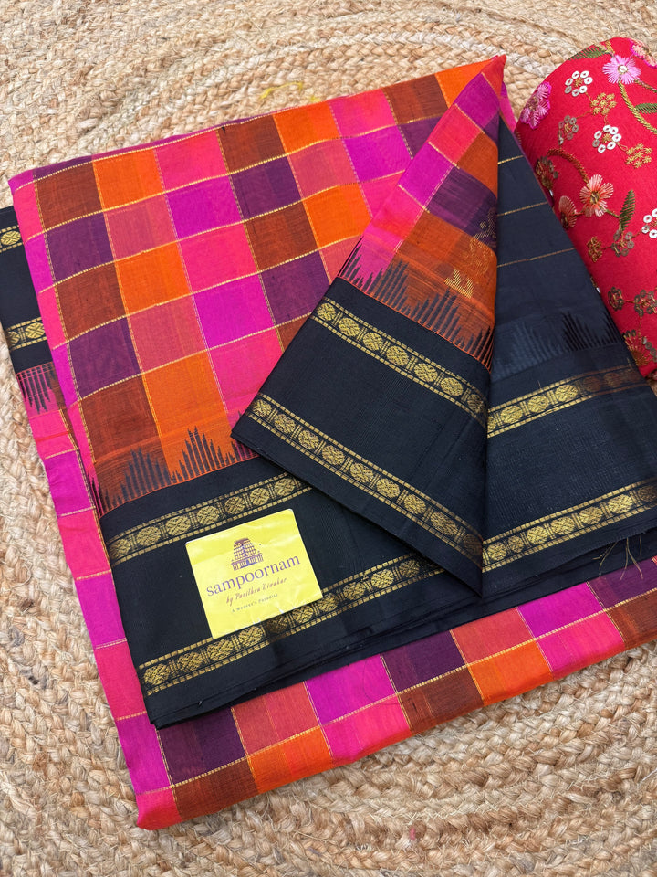Pink , Orange , Purple with Black  , Pallum Pazham checks with rettapet borders and rich Pallu Korvai Silk Cotton Saree