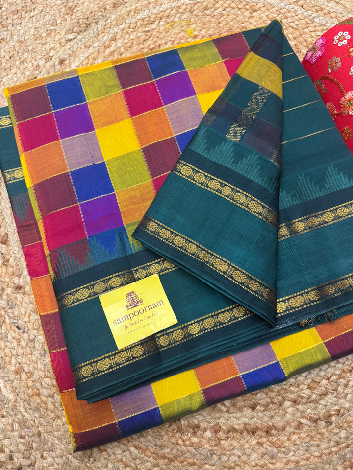 Traditional Checks Pallum Pazham Kattam Saree , Manjal , Red , Blue & Green with rettapet rudraksh border and Grand  Pallu Korvai Silk Cotton Saree