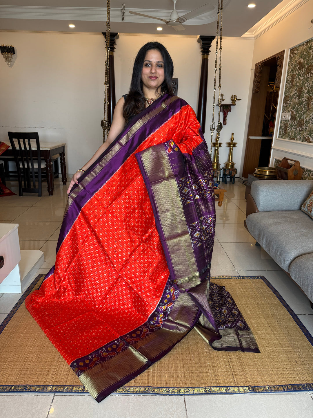 Orange with Purple ,checks in the body , traditional borders , work in blouse and rich Pallu Pochampally Ikkat Silk Saree