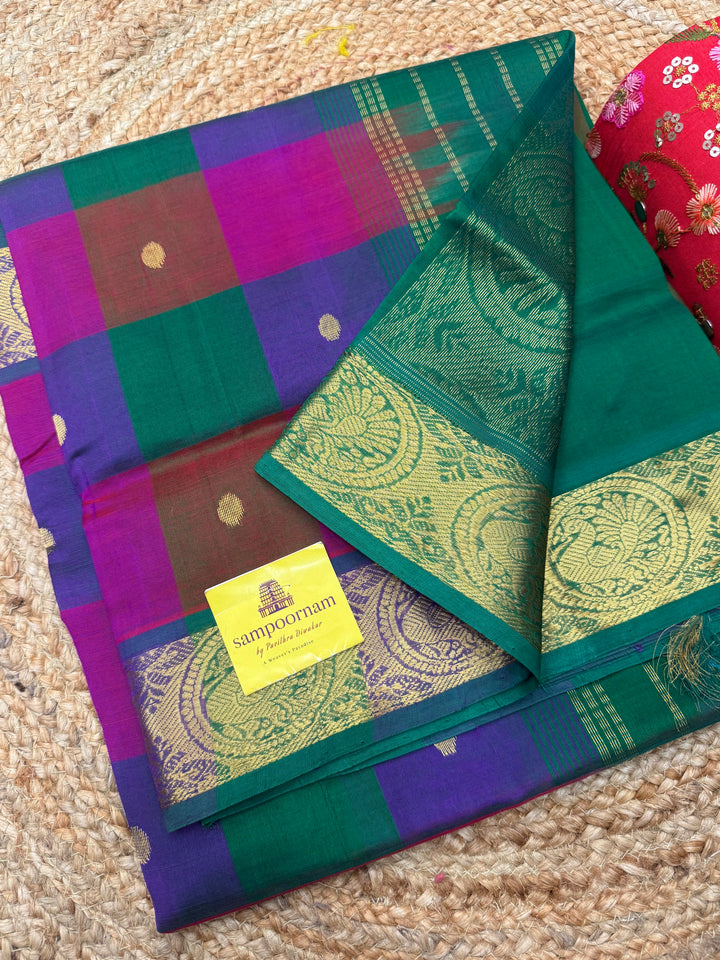Pink , Green , Violet with Green , Pallum Pazham checks with rich butta , traditional borders and rich Pallu  Silk Cotton Saree