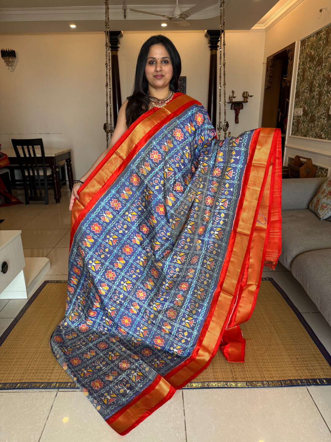 Blue with Orange , traditional borders and rich Pallu Pochampally Ikkat Silk Saree