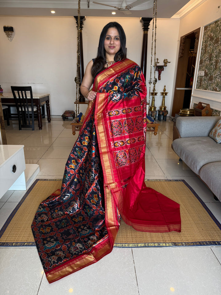 Blue with Red , Kanchi border and rich Pallu Pochampally Ikkat Silk Saree