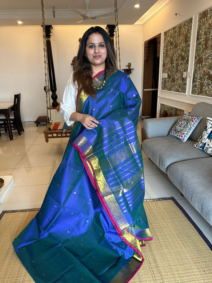 Mayil Kazhuthu Peacock Blue with Zari Butta Silk Cotton Saree