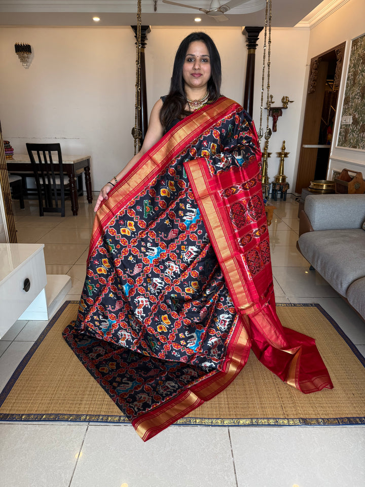 Blue with Red , Kanchi border and rich Pallu Pochampally Ikkat Silk Saree